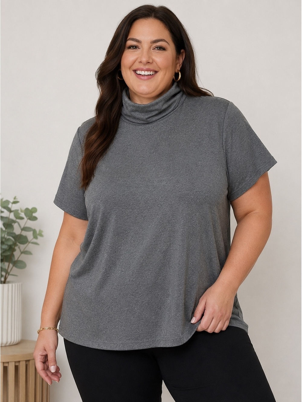 Susan Graver Style Women's 1X Gray Short Sleeve Turtleneck Top, Polyester Rayon
